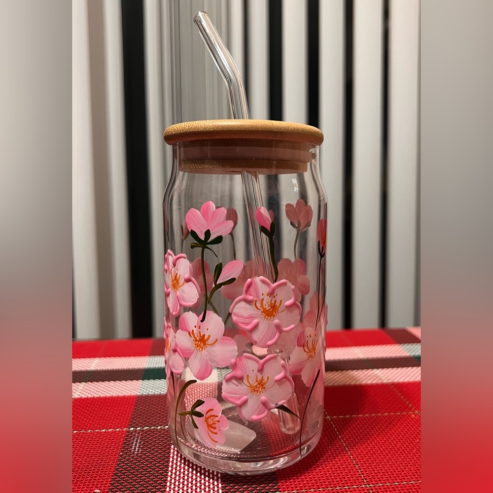 Floral Glass Tumbler, Hand Painted , 16 Oz